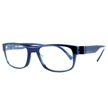 Beyaz arka planda mavi çerçeveli gözlük. Mavi çerçeveli gözlük..