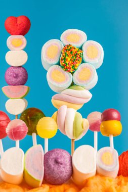 Çubukta çok renkli şekerler, mavi arkaplan. Mavi arka planda çok renkli lolipoplar (Chyupa-Chyup 'lar)