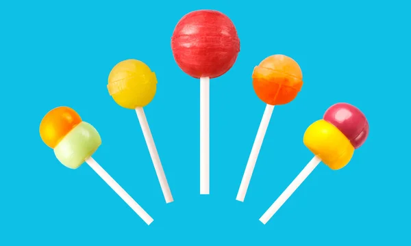 Multi Colored Candies Stick Blue Background Many Colorful Lollipops Chyupa — Stock Photo, Image
