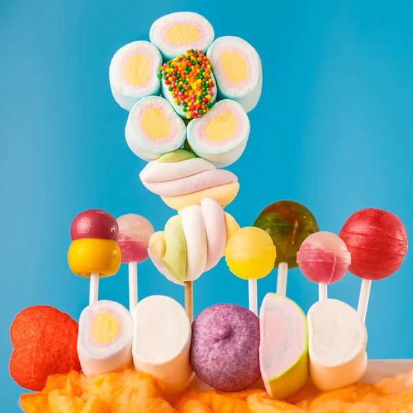 Çubukta çok renkli şekerler, mavi arkaplan. Mavi arka planda çok renkli lolipoplar (Chyupa-Chyup 'lar)