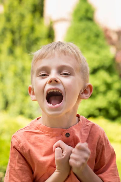 Beş yaşında bir çocuk surat yapıyor. Beş yaşında sarışın bir çocuk güneşli bir havada sokakta dikilirken surat asıyor..