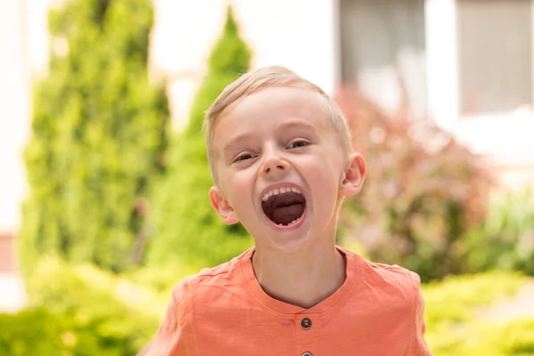 Beş yaşında bir çocuk surat yapıyor. Beş yaşında sarışın bir çocuk güneşli bir havada sokakta dikilirken surat asıyor..