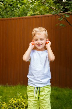 Altı yaşında bir çocuk yeşil çimlerin üzerinde duruyor ve kirazlarla oynuyor. Güneşli bir gün, yeşil çimenler. Sarışın çocuk kiraz ile şımarır. Çocuk kiraz ikram ediyor..