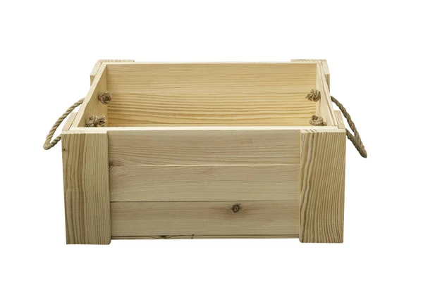 Drewniane Pudełko Uchwytami Linowymi Izolowane Białym Tle Puste Drewniane Pudełko — Zdjęcie stockowe