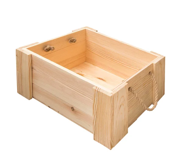 Dřevěná Krabice Lanovými Držadly Izolovaná Bílém Pozadí Prázdná Dřevěná Krabice — Stock fotografie