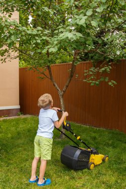 Sarışın bir çocuk sarı bir çim biçme makinesiyle bahçedeki çimleri biçiyor. Güneşli bir yaz gününde, altı yaşında bir çocuk sarı bir çimlerin çimlerini biçiyor..