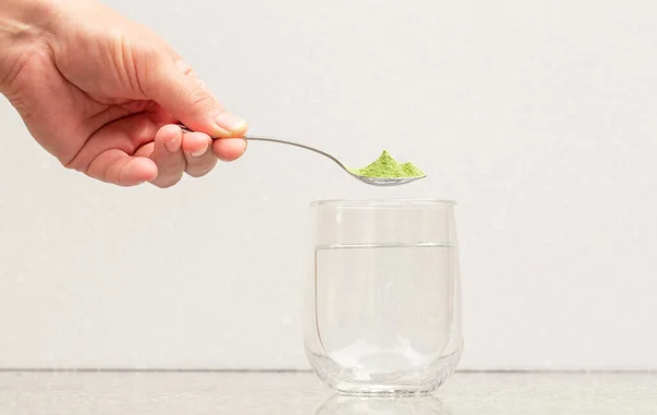 Green Powder Spoon Matcha Tea Clear Glass Foto Stock Royalty Free