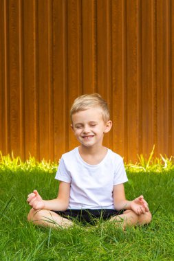 Bir erkek ve bir kız bahçede çimlerin üzerinde meditasyon yapıyorlar. Güneşli bir yaz gününde, altı yaşında bir kız ve bir oğlan bahçede meditasyon yapıyorlar..