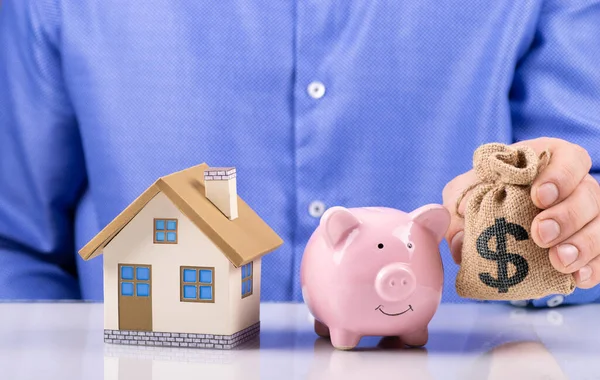 Menajer çanta dolusu dolar işareti, domuz kumbarası ve ev tasarrufu ya da yeni ev almak ya da yatırım planı yapmak için kredi.