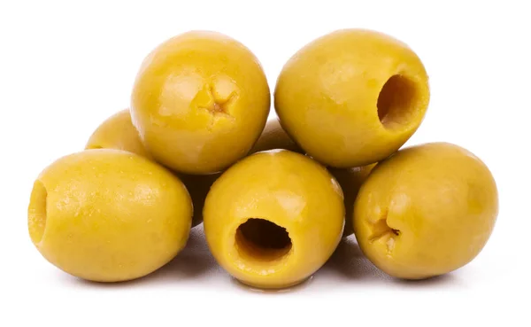 Olive in salamoia isolate su fondo bianco primo piano — Foto Stock