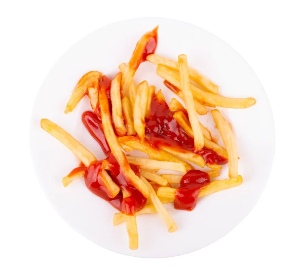 Pommes Kartoffeln Und Ketchup Auf Schale Isoliert Auf Weißem Hintergrund Stockbild