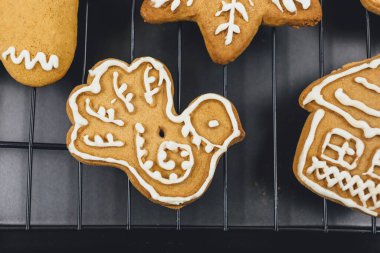 Pişmiş zencefilli kurabiye, köknar dallarının yanındaki tepside. Noel tebrik kartı, kutlama yemeği.