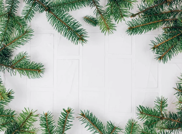 Weihnachten Hintergrund Mit Tannenzweigen Und Kopierraum Draufsicht Neues Jahr Und — Stockfoto