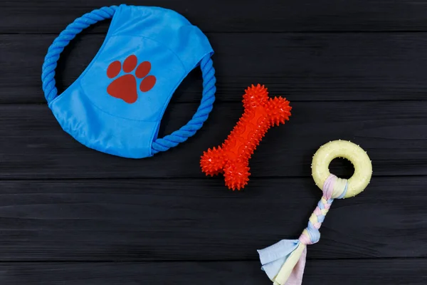 Different accessories for dogs and cats: mouse toy, ball, comb, leash, collar, toys and bowl with bones on black wooden background. Pets care and routine concept. close up, top view