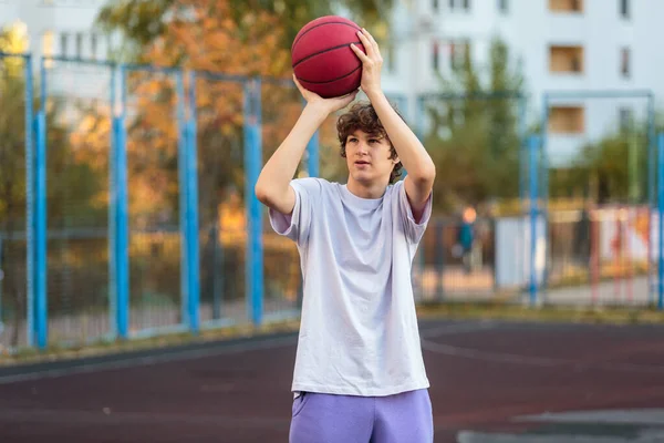 Cute Teenager White Shirt Playing Basketball Young Boy Ball Learning — Stockfoto