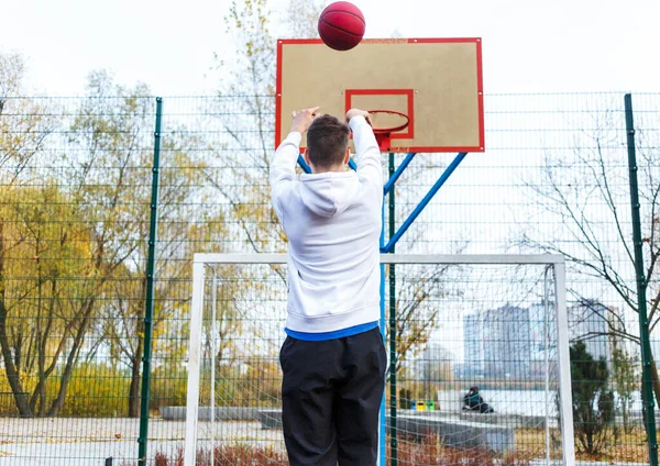 Cute Teenager White Hoodie Playing Basketball Young Boy Red Ball — 스톡 사진