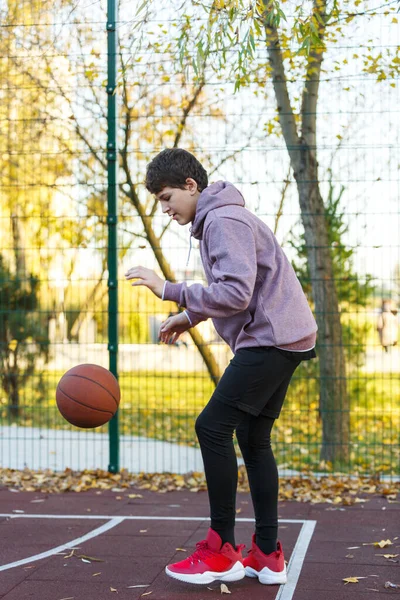Adolescent Mignon Dans Sweat Capuche Jouer Basket Jeune Garçon Avec — Photo