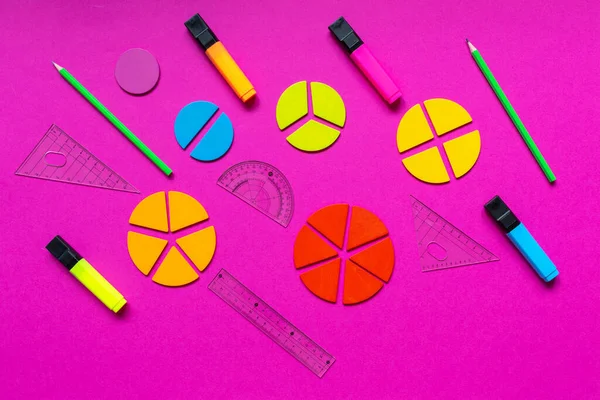 Multicolored Fractions Rulers Pencils Magenta Pink Background Interesting Fun Math — Stockfoto