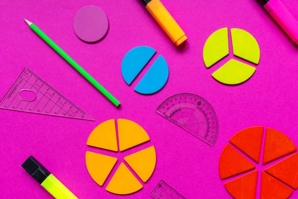 Multicolored Fractions Rulers Pencils Magenta Pink Background Interesting Fun Math — Stockfoto