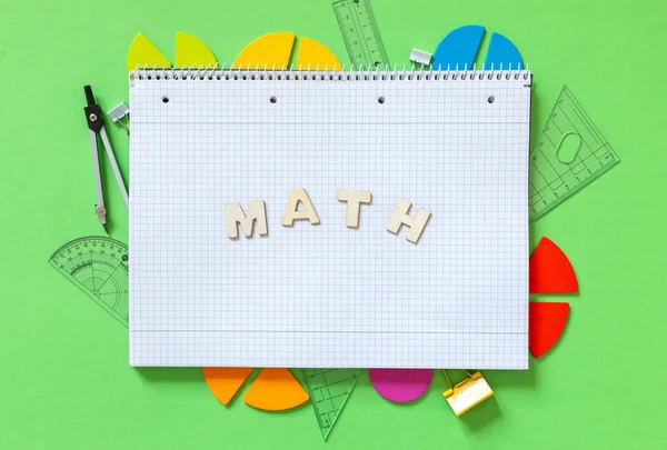 School Supplies Open Notepad Rulers Fractions Green Background Interesting Fun — 图库照片