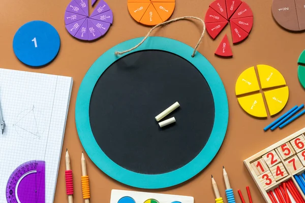 Closeup School Board Mathematical Fractions Pencils Notebook Ruler Accessories School — Stockfoto