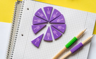 Okul malzemeleri, defter, matematik fraksiyonları, sarı arka planda kalemler. Okula dönüş, eğitim konsepti geçmişi