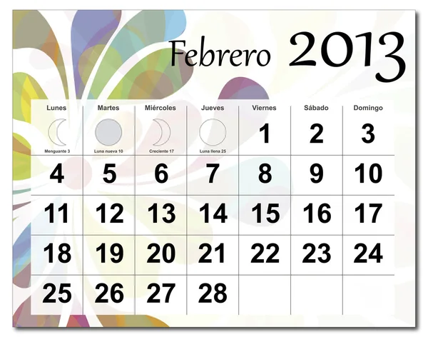 Wersja hiszpańska lutego 2013 roku kalendarzowego — Wektor stockowy