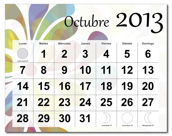 Spanska versionen av oktober 2013 kalender — Stock vektor