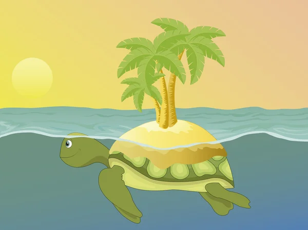 Остров на спине морской черепахи, купающейся на закате — стоковый вектор