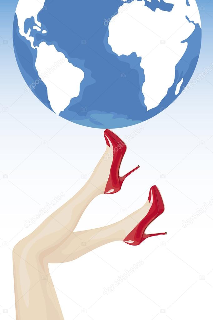 Female legs in high heels holding the world