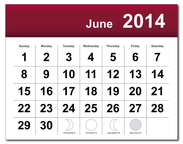 Kalender Juni 2014 — Stockvektor