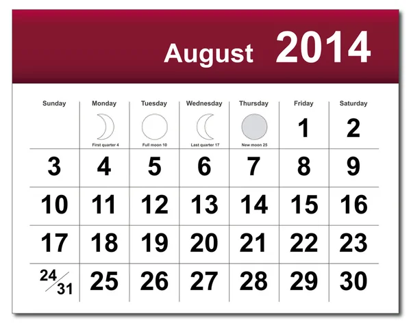 Calendario agosto 2014 — Vector de stock