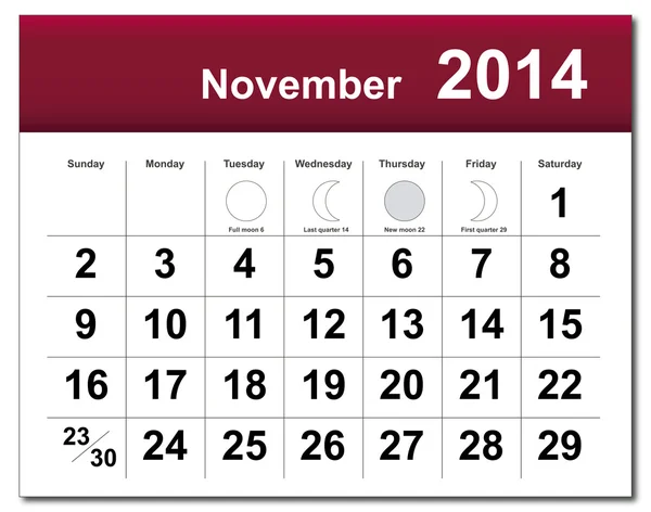 Calendario noviembre 2014 — Vector de stock