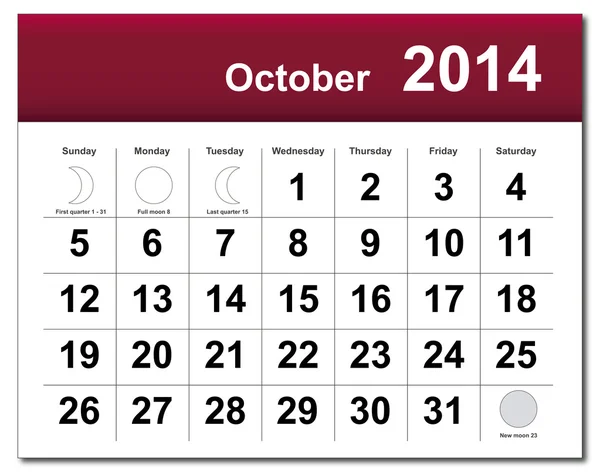Oktober 2014 kalender — Stockvector