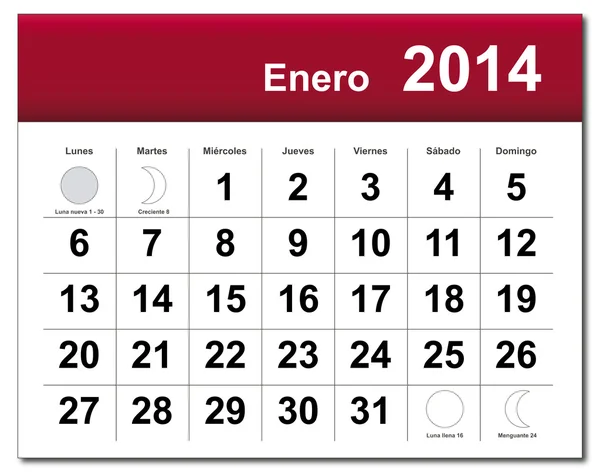 Janeiro 2014 Calendário —  Vetores de Stock