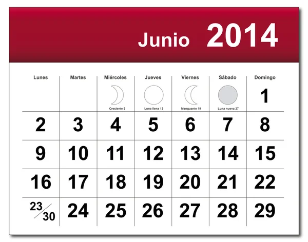 Calendario junio 2014 — Vector de stock