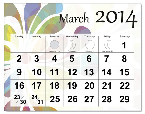 Calendario marzo 2014 — Archivo Imágenes Vectoriales