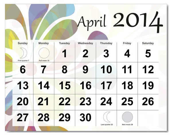 Aprilie 2014 Calendar — Vector de stoc