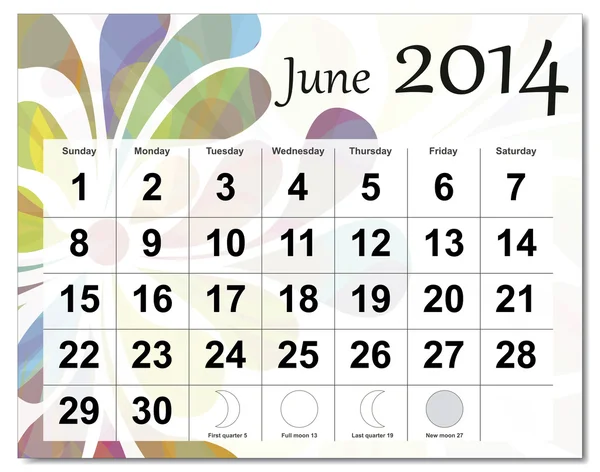 Juni 2014 kalender — Stockvector