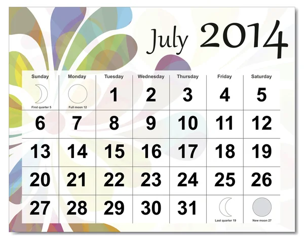 Июль 2014 Календарь — стоковый вектор