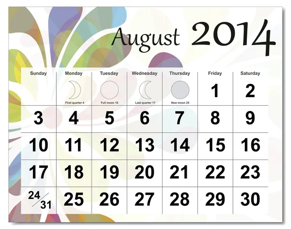 Sierpnia 2014 roku kalendarzowego — Wektor stockowy
