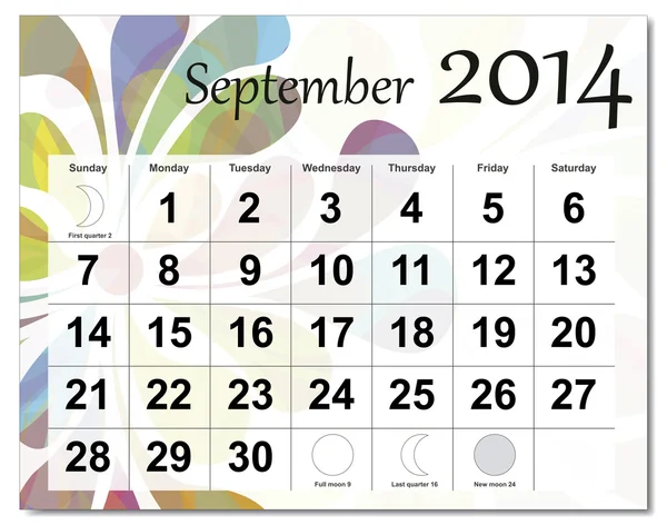 Calendario di settembre 2014 — Vettoriale Stock