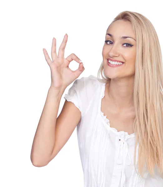 Oung woman gesturing to approve against — Stock Photo, Image