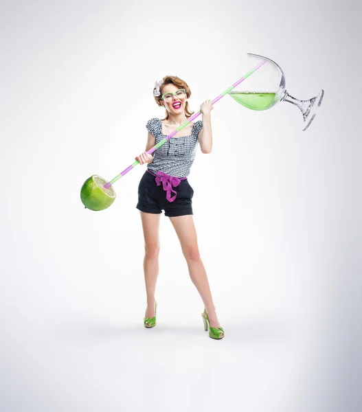 Woman with fruit and drink — Stock Photo, Image