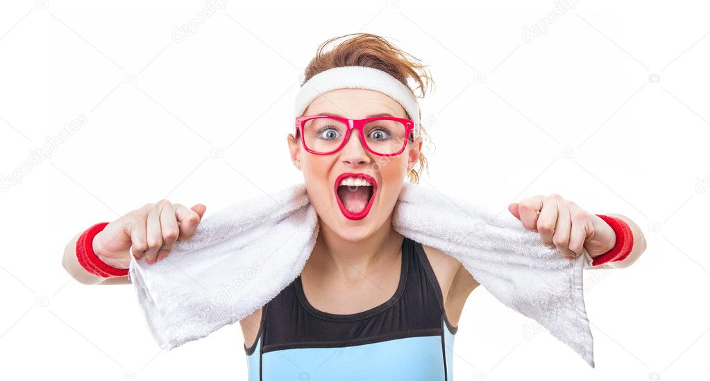 Expressive woman holding towel