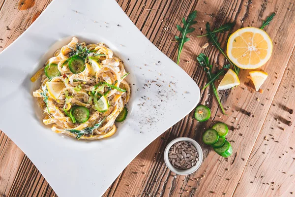 Pasta Sour Cream Lemon Herbs Wooden Boards Top Vie — Stock Photo, Image