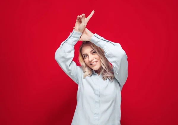 Carefree Young Woman Raised Arms Isolated Red Background Careless Girl — Stock Photo, Image