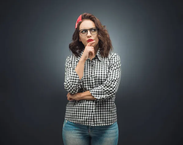 Doubt Young Woman Looking Side Thinking Frowned Face Expression Dark — Stock Photo, Image