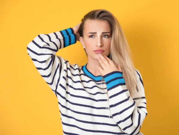 Pensive Young Woman Being Confusion Arms Head Isolated Yellow Background — Stock Photo, Image