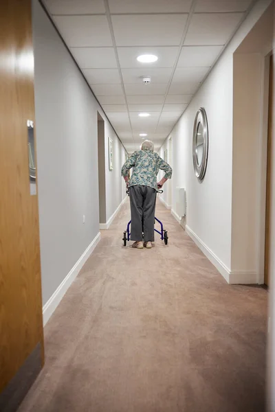 Hátsó Kilátás Idős Walker Sétál Végig Folyosón Nyugdíjas Otthon — Stock Fotó